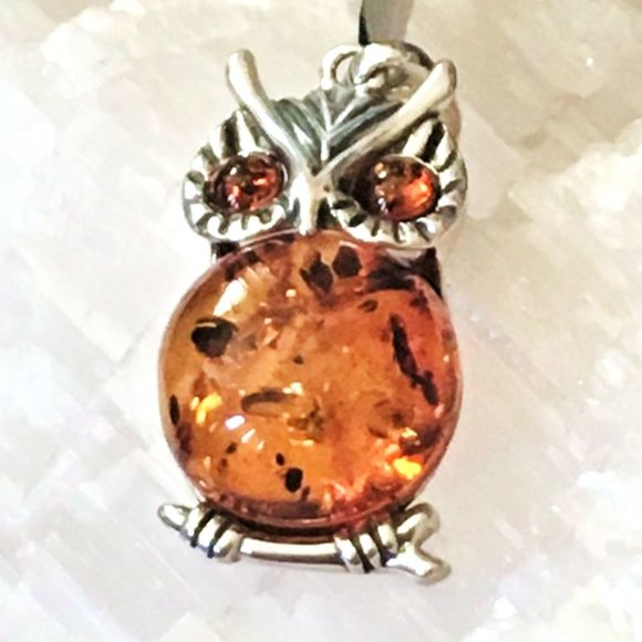 Baltic Amber Owl .925 Pendant Cognac Color Sterling Silver Genuine Large - Picture 8 of 14
